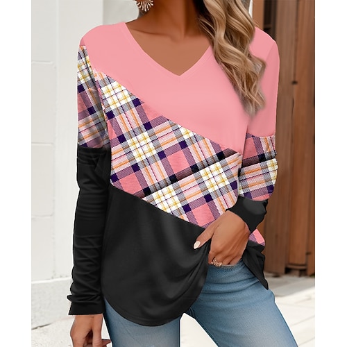 

Mujer Camiseta Rosa Plaid Estampado Manga Larga Diario Fin de semana Básico Escote en Pico Ajuste regular Pintura