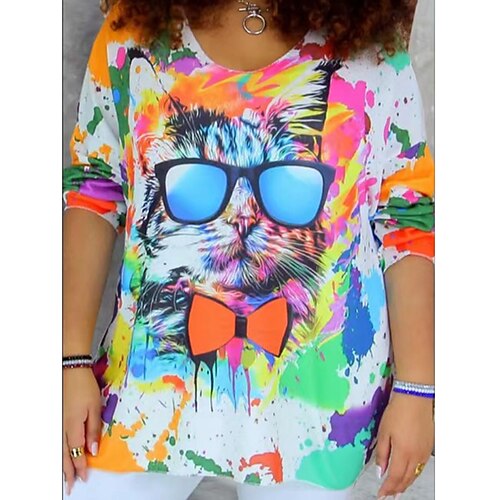 

Damen T Shirt Regenbogen Katze Abstrakt Bedruckt Langarm Täglich Wochenende Basic Rundhalsausschnitt Regular Fit Katze Farbe