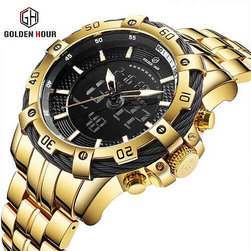 

GOLDENHOUR Men Watch Fashion Luxury Dual Display Quartz Wristwatches Stainless Steel Waterproof Sports Clock Relogio Masculino