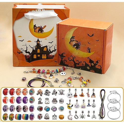 

Conjunto de pulsera de halloween de 57 Uds., caja de pulsera con calavera, calabaza y murciélago, regalo de cumpleaños para niños, joyería para fiesta, joyería de halloween