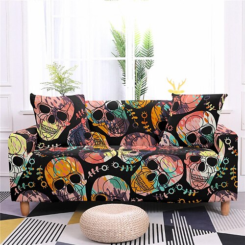 

Halloween Skull Sofa Cover Stretch Slipcovers Soft Durable Couch Cover 1 Piece Spandex Fabric Washable Furniture Protector fit Armchair Seat/Loveseat/Sofa/XL Sofa/L Shape Sofa for Halloween Decoration