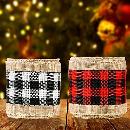 

1 Rolle 2,5 Zoll breite weihnachtliche Büffelkarobänder aus Sackleinen mit Drahtrand, karierte Bänder, kariertes Gingham-Stoff-Bastelband für DIY-Schleifen, Verpackungsdekoration, jeweils 6 Yards lang
