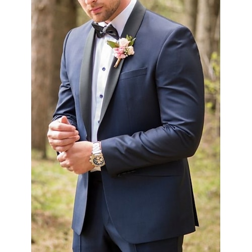 

Costume Homme Mariage Ensemble 2 pièces bleu marine Couleur Pleine Coupe Sur-Mesure Droit deux boutons 2023