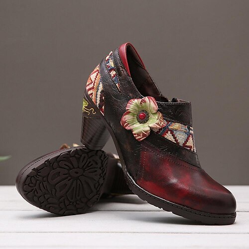 

Femme Chaussures à Talons Couture à la main Chaussures Vintage Bohème Soirée Extérieur du quotidien Talon Cône Bout rond Vacances Le style mignon Elégant Cuir Boucle Bloc de couleur Rouge