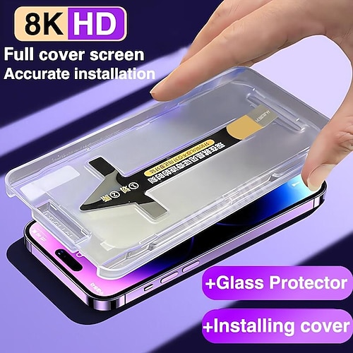 

8K High End Tempered Glass For IPhone 15 14 13 12 11 Pro Max XS MAX X XR Screen Protector With Alignment Mounting Cover
