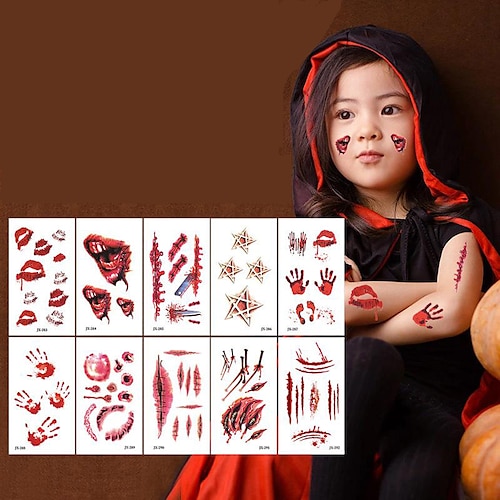 

10 hojas 3d cicatrices falsas tatuaje temporal kit de maquillaje de halloween, puntadas falsas tatuajes cortados miedo cara herida sangre chucky cicatrices tatuajes para niños mujeres hombres niños niñas zombie maquillaje pegatina