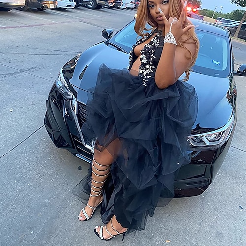 CAMDOM Dames tule rok steampunk hoog laag onregelmatige tutu bustle dess asymmetrische gelaagde mesh tule hoge taille zwaluwstaart rokken bruiloft, avondfeest Halloween één maat, Zwart, XS-L