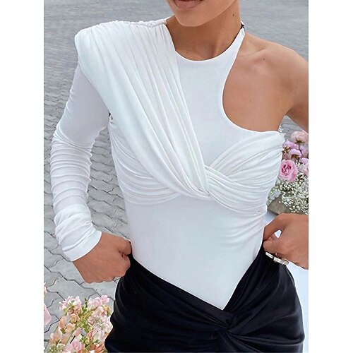 

Mulheres Maiô Côr Sólida Assimétrico Roupa de rua Rua Para Noite Normal Manga Longa Branco S M L Outono