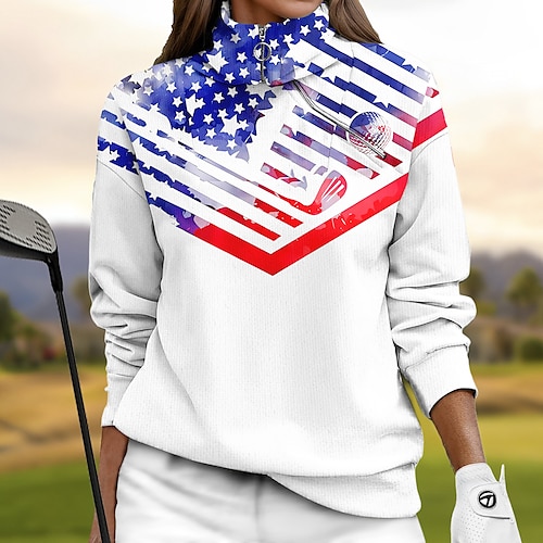 

Women's Golf Hoodie Golf Pullover Golf Sweatshirt Thermal Warm Breathable Moisture Wicking Long Sleeve Golf Outerwear Top Regular Fit 1/4 Zip Stand Collar Flag Spring Autumn Tennis Golf Pickleball