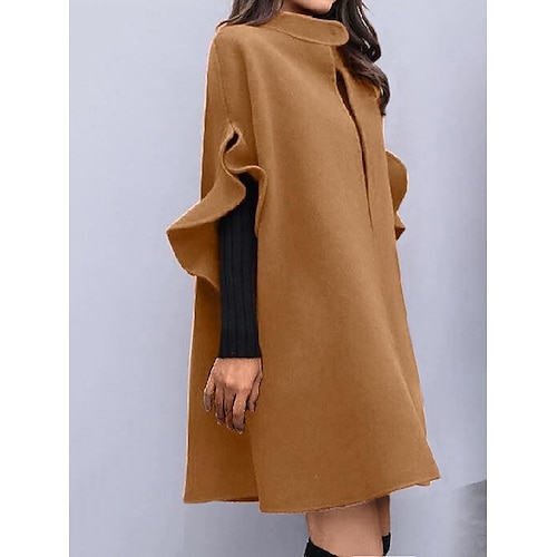 

Women's Cloak/Capes Winter Coat Long Pea Coat Warm Windproof Maillard Over Coat Ruffle Single Breasted Stand Collar Trench Coat Fashion Loose Fit Outerwear Long Sleeve Black Red Khaki