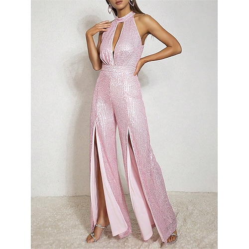 

Women's Jumpsuit Split High Waist Solid Color Halter Neck Streetwear Party Cocktail Party Regular Fit Sleeveless Pink XS S M Summer