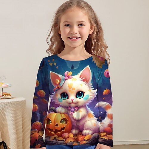 

Camiseta de Halloween para niña con diseño de gato en 3D, camiseta de manga larga con estampado gráfico de dibujos animados en 3D, moda activa, lindo poliéster para exteriores, Halloween, casual, cuello redondo para niños de 3 a 12 años, gráfico impreso e