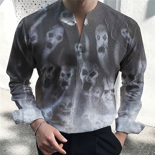 

Homens Camisa Social Fantasma Decote V Cinzento Ao ar livre dia das Bruxas Manga Longa Imprimir Roupa Moda Roupa de rua Designer Casual