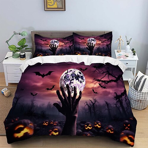 

Halloween-Bettwäsche-Set, Horror-Schädelkopf, Kürbiskopf, Fledermaus-Druck, Bettwäsche-Set, Steppdecken-Set für Jungen und Jugendliche, Dekoration, Horror-Wald-Thema, Mikrofaser-Set für Schlafzimmer,