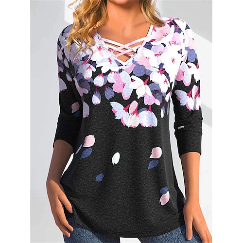 

Mujer Camiseta Negro Floral Estampado Manga Larga Festivos Fin de semana Básico Escote en Pico Ajuste regular Flor Pintura