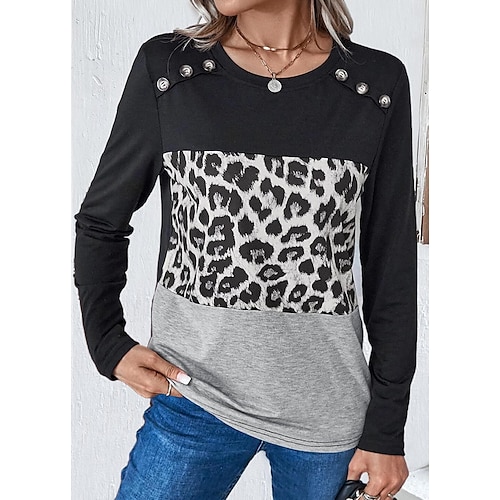 

Damen T Shirt Schwarz Leopard Taste Bedruckt Langarm Täglich Wochenende Basic Rundhalsausschnitt Farbe