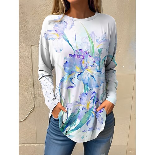 

Women's T shirt Tee Blue Floral Print Long Sleeve Holiday Weekend Basic Neon Bright Round Neck Regular Fit Floral Painting Fall Winter