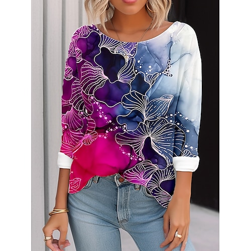 

Damen T Shirt Gelb Rote Blau Blumen Bedruckt Langarm Festtage Wochenende Basic Rundhalsausschnitt Regular Fit Blume Farbe Frühling Herbst