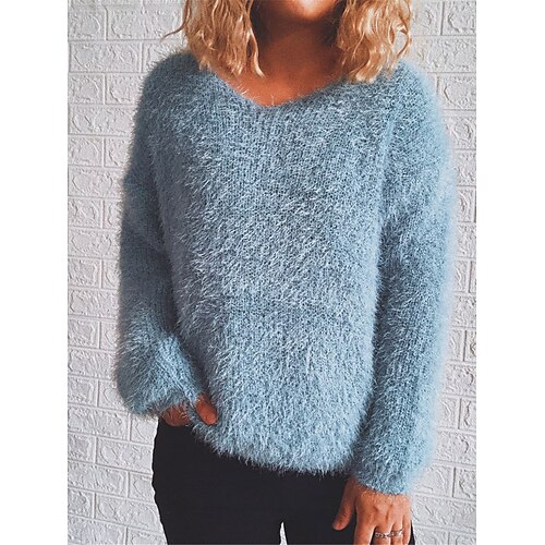 

Mulheres Pulôver suéter Saltador Estriado Tricotar Superdimensionado Côr Sólida Decote V à moda Casual Diário Para Noite Outono Inverno Preto Branco S M L