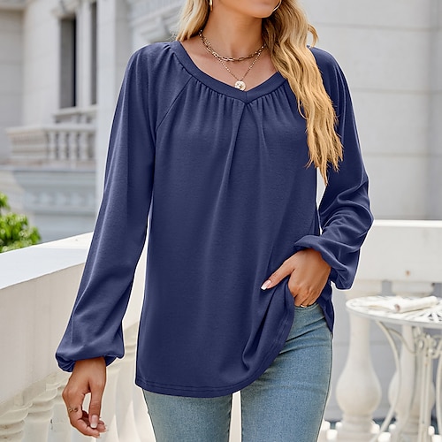 

Femme T shirt Tee Noir Rouge Bleu Plein manche longue du quotidien Fin de semaine basique Col V Standard Automne hiver