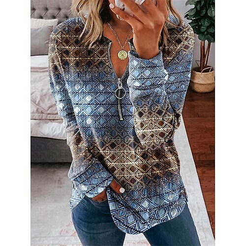 

Women's Pullover Sweater Jumper Jumper Ribbed Knit Zipper Print Geometric V Neck Stylish Casual Daily Going out Fall Winter Pink Blue S M L