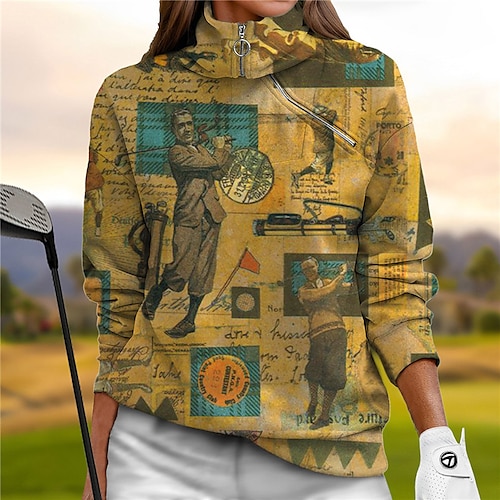 

Women's Golf Hoodie Golf Pullover Breathable Quick Dry Moisture Wicking Long Sleeve Golf Apparel Golf Clothes Regular Fit 1/4 Zip Stand Collar Printed Maillard Spring Autumn Tennis Golf Pickleball