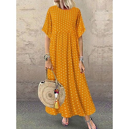 Women's Swing Dress Maxi long Dress Yellow Wine Navy Blue Short Sleeve Polka Dot Print Spring Summer Round Neck High Waist Hot Casual Holiday  Dress 2023 L XL XXL 3XL 4XL 5XL