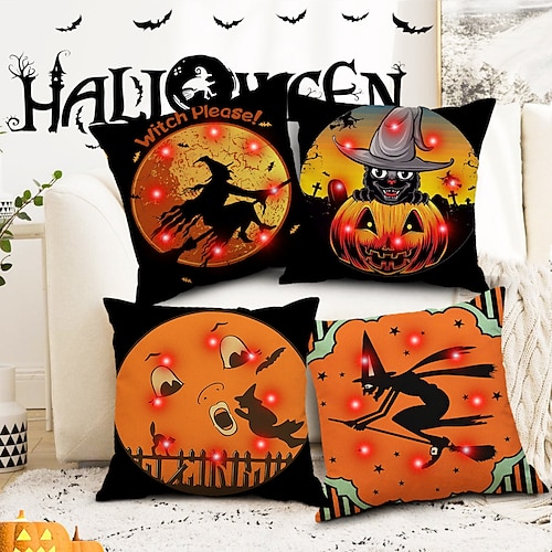 

capa de almofada de lado duplo halloween 4pc capa de almofada quadrada decorativa macia fronha para quarto sala de estar sofá sofá cadeira (com luzes led de corda)