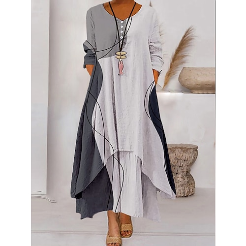 

Women's Color Block Long Maxi Dress Button Layered Casual Dress Swing Dress Print Dress Fashion Modern Daily Vacation Weekend 3/4 Length Sleeve Crew Neck Dress Loose Fit Silver Black White