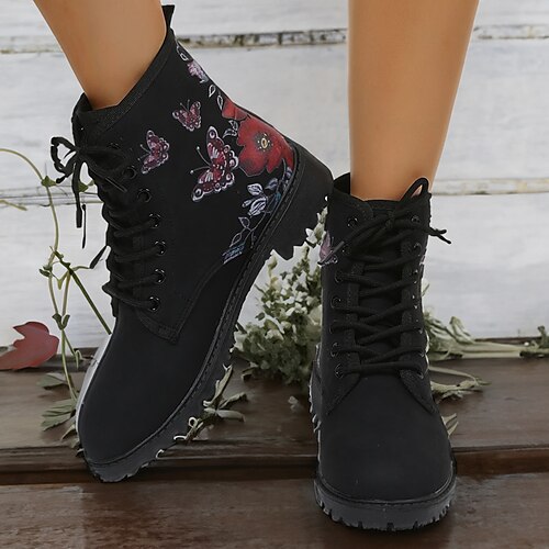 

Damen Stiefel Springerstiefel Übergrössen Stiefeletten Outdoor Täglich Blockabsatz Runde Zehe Vintage Elegant PU Schnürsenkel Stickerei Schwarz