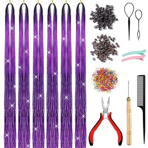 Hair Tinsel Kit with Tools Fairy Hair Tinsel Pink Tinsel Hair Extensions  Heat Resistant 6 Packs 1320 Strands Sparkling Shinny Glitter Hair  Extensions Hair Tensile Accessories for Women Girls 2024 - $13.99