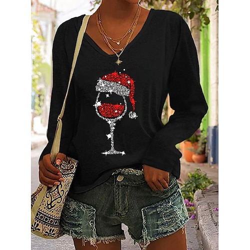 

Dames T-shirt Kerstshirt Vlinder Lelijke kerst Zwart Grijs Lange mouw Feest Kerstmis Weekend Modieus V-hals Normale pasvorm Lente & Herfst