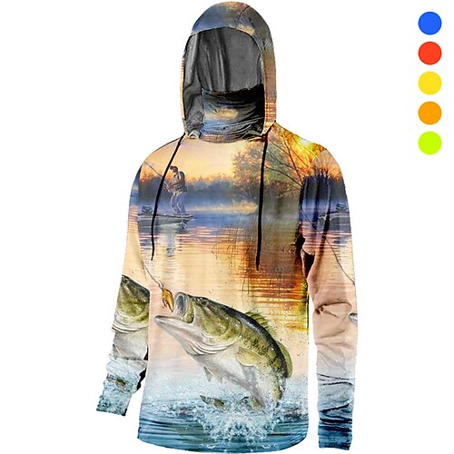 

Men's Fishing Shirt Hooded Outdoor Long Sleeve UV Protection Breathable Quick Dry Lightweight Sweat wicking Top Spring Autumn Outdoor Fishing Camping Hiking Blue Orange Green