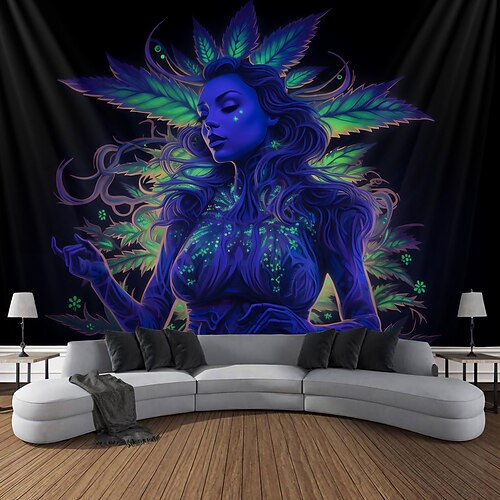 

Marijuana Leaf Woman Blacklight Tapestry UV Reactive Glow in the Dark Trippy Misty Hanging Tapestry Wall Art Mural for Living Room Bedroom