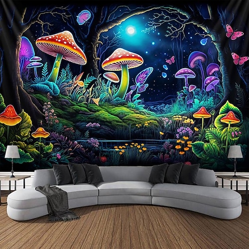 

fantaisie champignon blacklight tapisserie uv réactive lueur dans le noir brumeux trippy suspendu paysage tapisserie art mural pour salon chambre