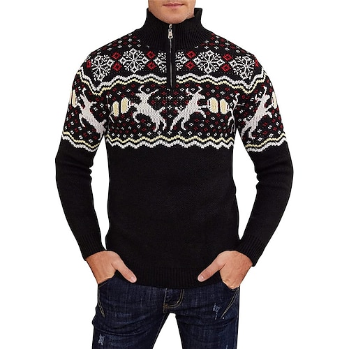 

Elk Snowflake Fashion Streetwear Designer Men's Zipper Knitted Ugly Christmas Sweater Pullover Sweater Jumper Knitwear Christmas Daily Wear Vacation Long Sleeve Stand Collar Sweaters Black Red