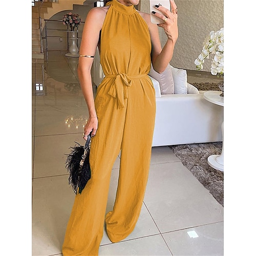 

Women's Jumpsuit Lace up Backless Solid Color Halter Neck Holiday Street Daily Loose Fit Sleeveless Yellow Fuchsia Green S M L Summer