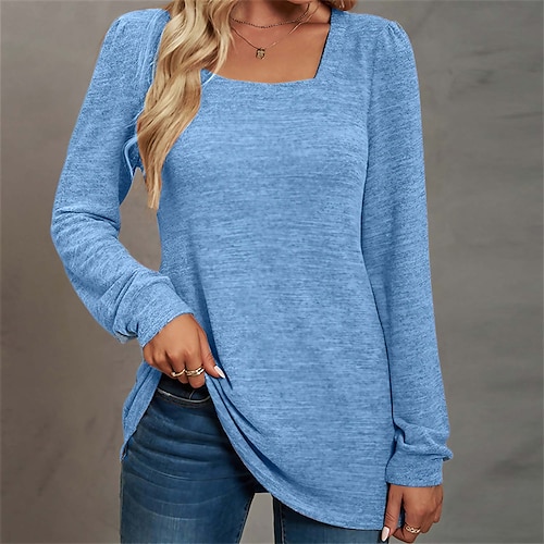 

Women's T shirt Tee Cotton Light Blue Color blue pea green color Plain Long Sleeve Casual Daily Holiday Basic U Neck Regular Fit Fall & Winter