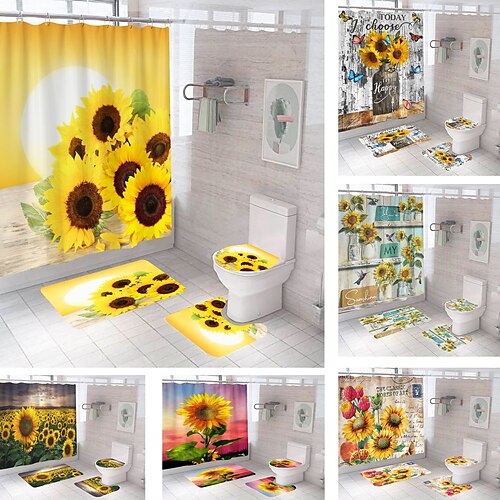 

Rideau de douche fleur de soleil avec crochets décor de salle de bain ensemble de rideau de douche en tissu imperméable avec 12 crochets en plastique