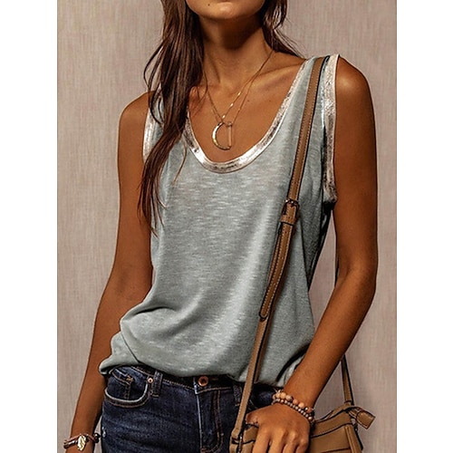 

Women's Tank Top Cotton Plain Valentine's Day Casual Silver Sleeveless Fashion U Neck Summer