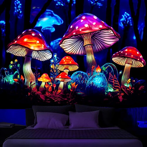  cogumelo fantasia luz negra tapeçaria brilha no escuro festa brilhante uv reativo psicodélico paisagem natural tapeçaria pendurada arte de parede mural para sala de estar quarto