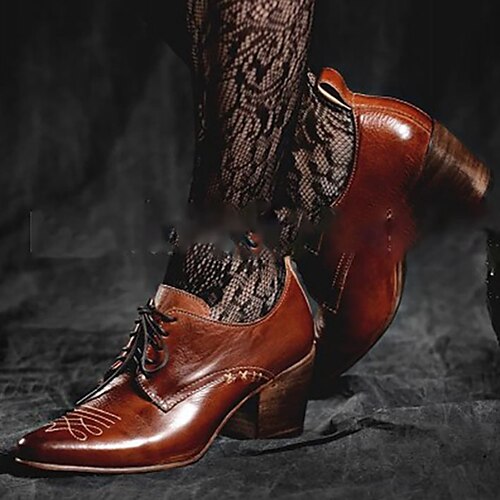 

Women's Heels Sandals Oxfords Vintage Shoes Boho Bohemia Beach Brogue Party Outdoor Daily Summer High Heel Chunky Heel Round Toe Vacation Cute Elegant Leather Lace-up Color Block Dark Brown Brown