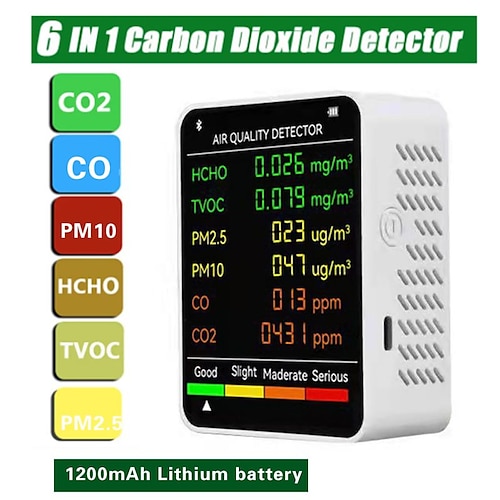 6-i-1 luftkvalitetsdetektormonitor pm2.5 pm10 hcho tvoc co & formaldehyd med lcd-skjerm