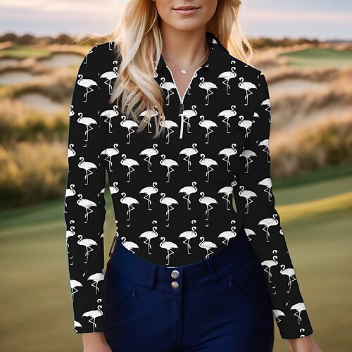 

Femme T-shirt POLO Chemise de golf Respirable Séchage rapide Evacuation de l'humidité manche longue Vêtements de golf Top Standard Flamant Printemps Automne Tennis Le golf Pickleball