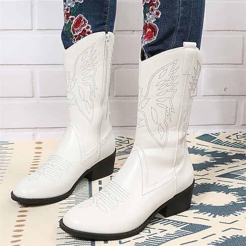 

Damen Stiefel Cowboy Westernstiefel Übergrössen Cowgirl-Stiefel Outdoor Täglich Stiefel mit mittlerer Wade Winter Strass Blockabsatz Spitze Zehe Brautkleider schlicht Industrieller Stil PU