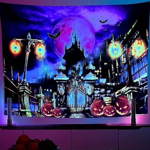 

tapisserie d'halloween réactive aux uv noirs, tenture murale de tapisserie de citrouille maléfique, décoration d'art rideau de couverture nappe de pique-nique suspendue chambre salon dortoir