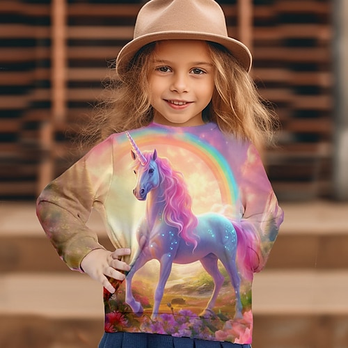 

Mädchen T-Shirt Langarm Graphic Karikatur Einhorn 3D-Druck Aktiv Modisch Kuschelig Polyester Outdoor Casual Täglich kinderkleidung Rundhalsausschnitt 3-12 Jahre 3D-gedruckte Grafik Regular Fit Hemd