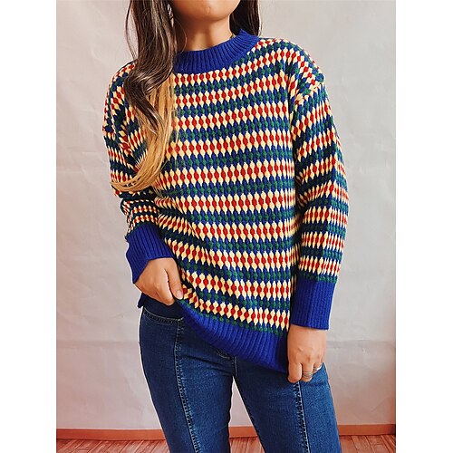 

Mulheres Pulôver suéter Saltador Estriado Tricotar Patchwork Geométrica Gola Redonda à moda Casual Diário Para Noite Outono Inverno Azul Real Bege S M L