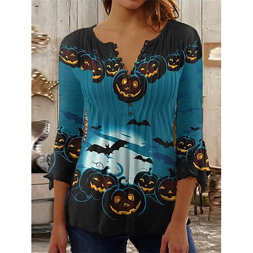 

Mujer Blusa camisa de halloween Blanco Azul Piscina Morado Graphic Calabaza Botón Estampado Manga 3/4 Víspera de Todos los Santos Casual Básico Escote Redondo Ajuste regular