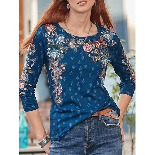 

Mujer Camiseta Blanco Azul Piscina Verde Trébol Floral Estampado Manga Larga Festivos Fin de semana Diario Básico Escote Redondo Ajuste regular Flor Pintura Otoño invierno